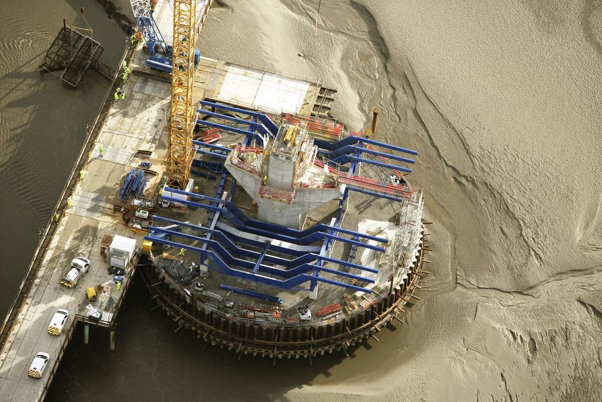 Assembly continues of the form travellers for the cable-stay span on the Mersey estuary