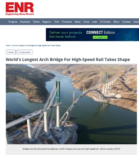 La revista ENR pública un reportaje sobre el puente-arco ferroviario con mayor luz del mundo, construido por FCC en Cáceres